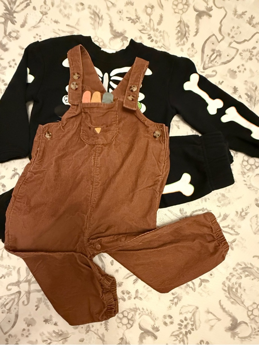 FALL HOLIDAY Brown Corduroy Overalls with Black Skeleton Top Set 18months